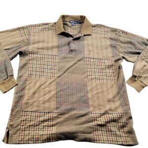 Nautica Polo Shirt Mens Large Brown Long Sleeve Houndstooth Plaid Knit Retro